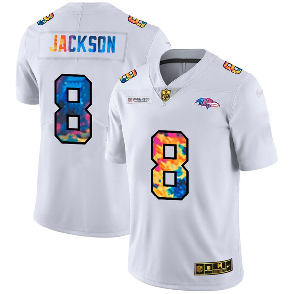 Men's Baltimore Ravens #8 Lamar Jackson 2020 White Crucial Catch Limited Stitched NFL Jersey